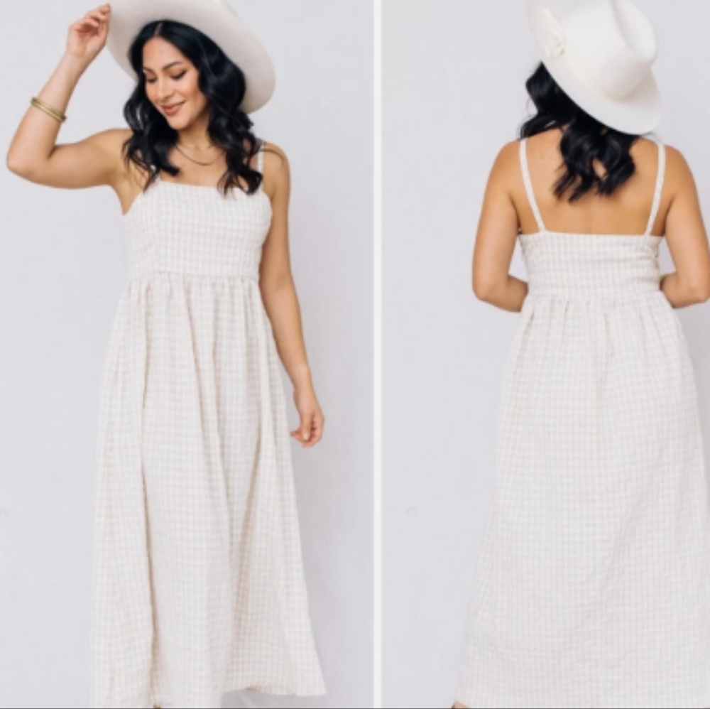 Japna Cream Gingham Linen-Cotton Blend Sundress